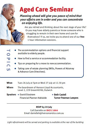 Aged Care Seminar Invitation | Turner Freeman Lawyers