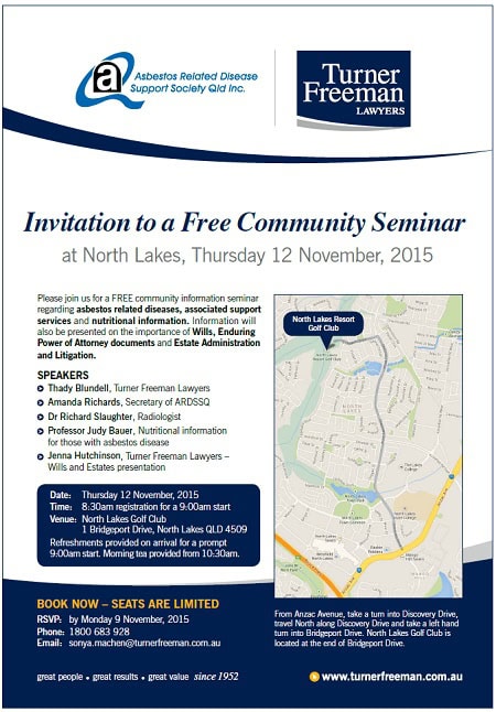 North Lakes invitation to our free asbestos seminar | Turner Freeman Lawyers